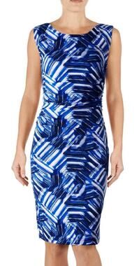 Nine West 3946 Blue 14 Abstract Ruched Jersey Sheath wedding guest Dress modern